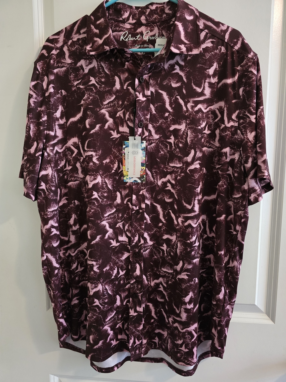NWT Robert Graham Men’s Short Sleeve Shirt - Burgundy & Pink Abstract Print